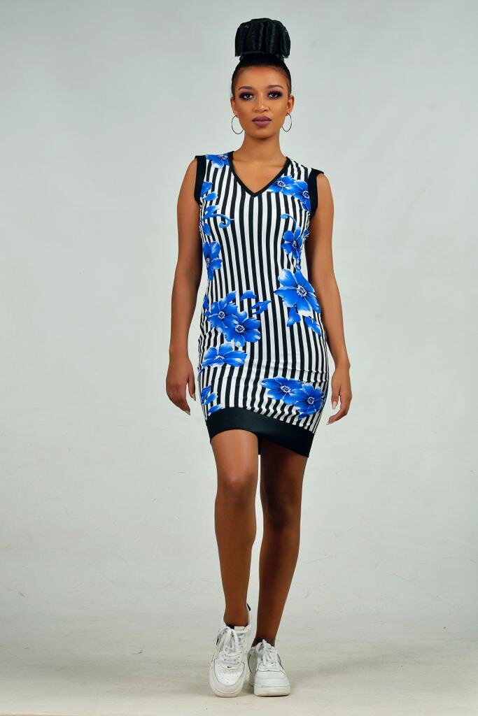 Stretch mini dress with stripes and flower motif